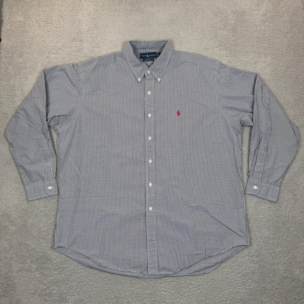 Vintage Polo Ralph Lauren Blake Shirt Mens XL Navy Blue Gingham Check Cotton 90s